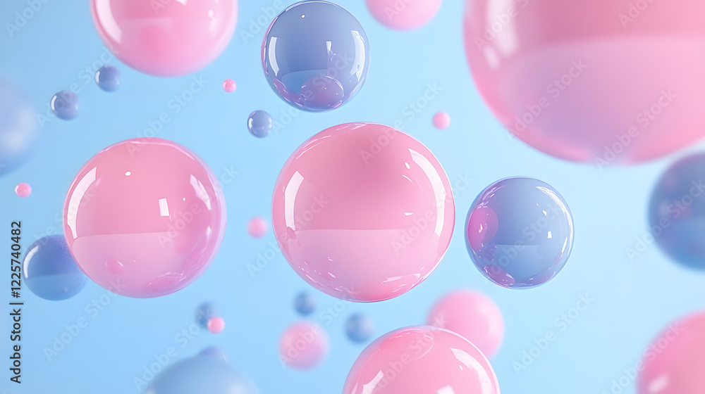 Poster abstract blue and pink three-dimensional background of many spheres separated from each other and re