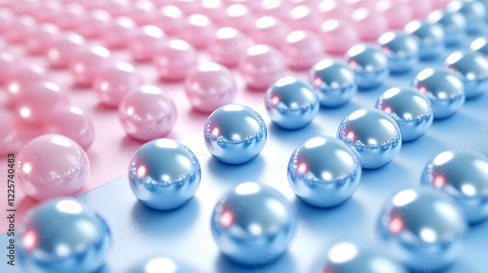 Poster abstract blue and pink three-dimensional background of many spheres separated from each other and re