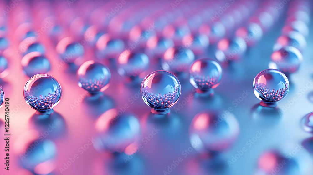 Poster abstract blue and pink three-dimensional background of many spheres separated from each other and re