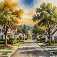 Fototapeta premium watercolor Illustrate the elegance of Brentwood with its serene suburban charm. 