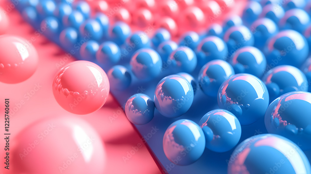 Poster abstract blue and pink three-dimensional background of many spheres separated from each other and re