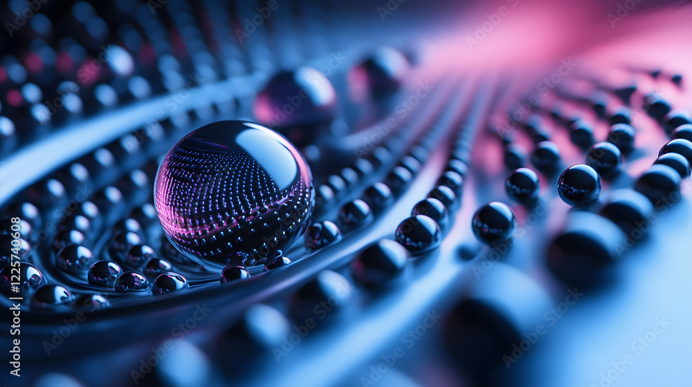 Poster abstract blue and pink three-dimensional background of many spheres separated from each other and re
