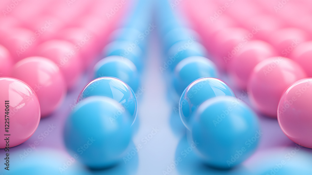 Poster abstract blue and pink three-dimensional background of many spheres separated from each other and re