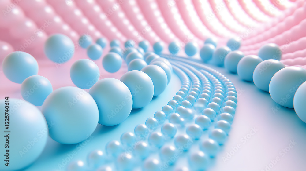 Poster abstract blue and pink three-dimensional background of many spheres separated from each other and re