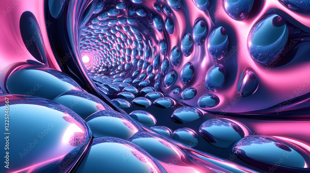 Poster abstract blue and pink three-dimensional background of many spheres separated from each other and re