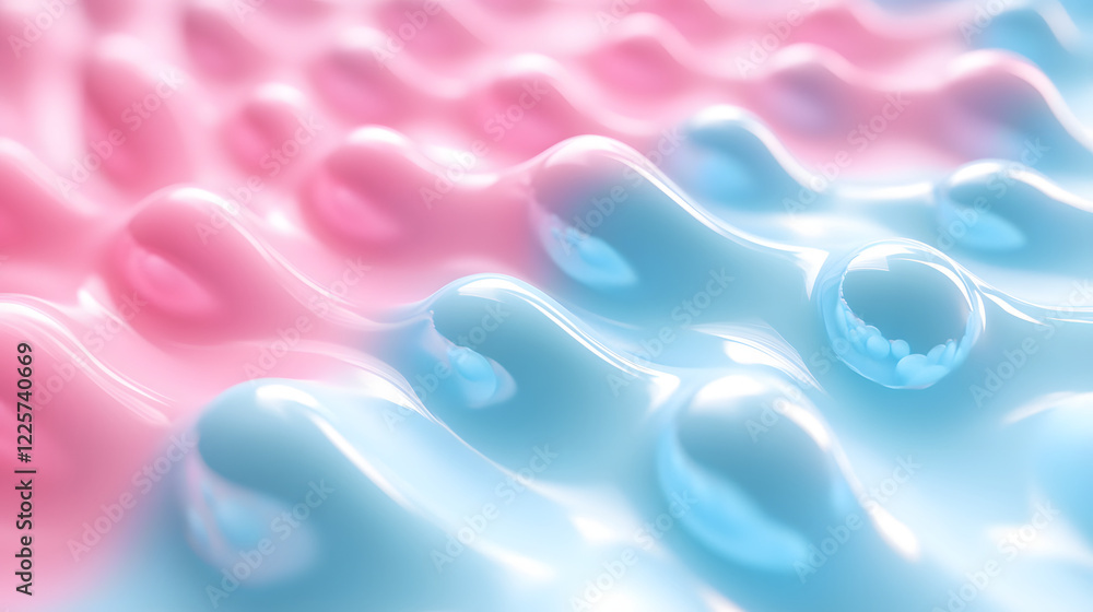 Poster abstract blue and pink three-dimensional background of many spheres separated from each other and re