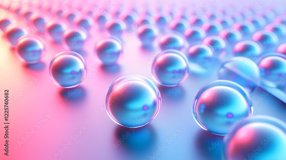 Poster abstract blue and pink three-dimensional background of many spheres separated from each other and re