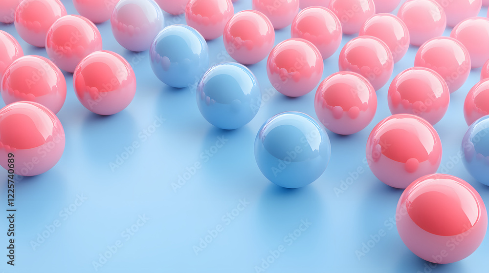 Poster abstract blue and pink three-dimensional background of many spheres separated from each other and re