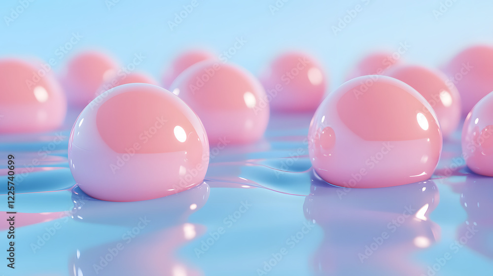 Poster abstract blue and pink three-dimensional background of many spheres separated from each other and re
