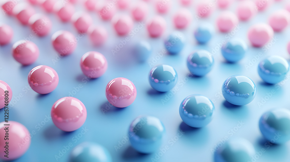 Poster abstract blue and pink three-dimensional background of many spheres separated from each other and re