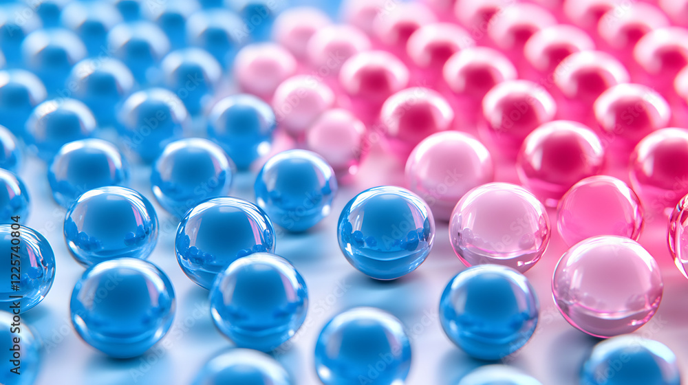 Poster abstract blue and pink three-dimensional background of many spheres separated from each other and re