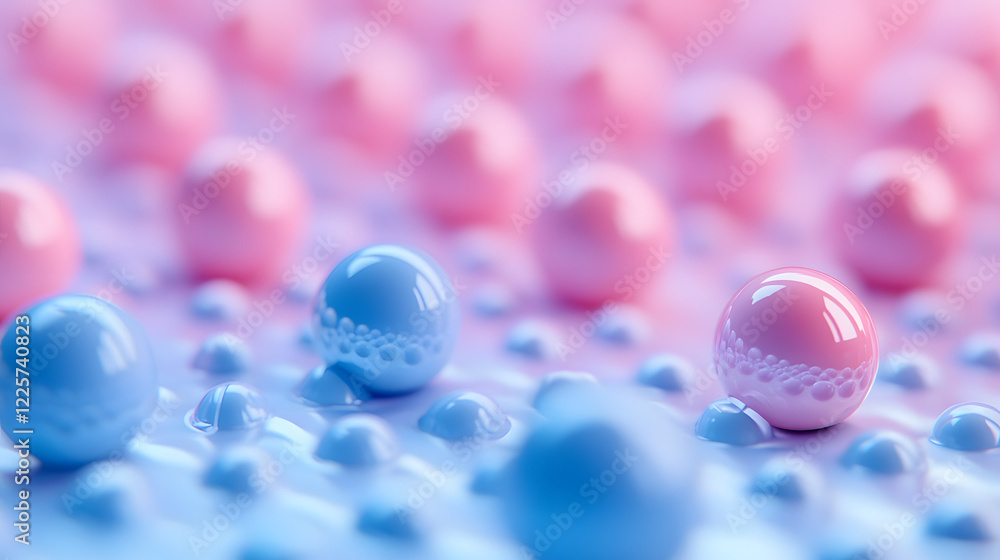 Poster abstract blue and pink three-dimensional background of many spheres separated from each other and re