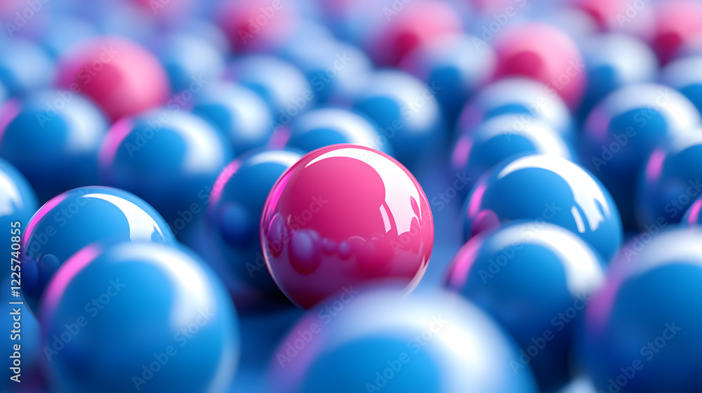Poster abstract blue and pink three-dimensional background of many spheres separated from each other and re