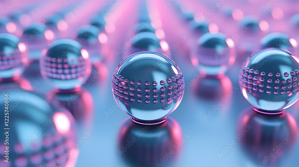 Poster abstract blue and pink three-dimensional background of many spheres separated from each other and re