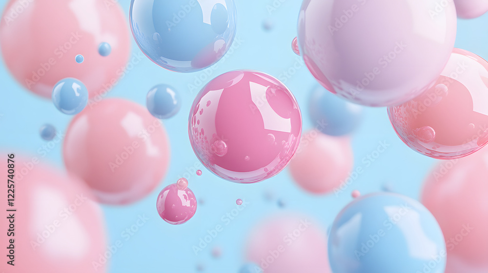 Poster abstract blue and pink three-dimensional background of many spheres separated from each other and re