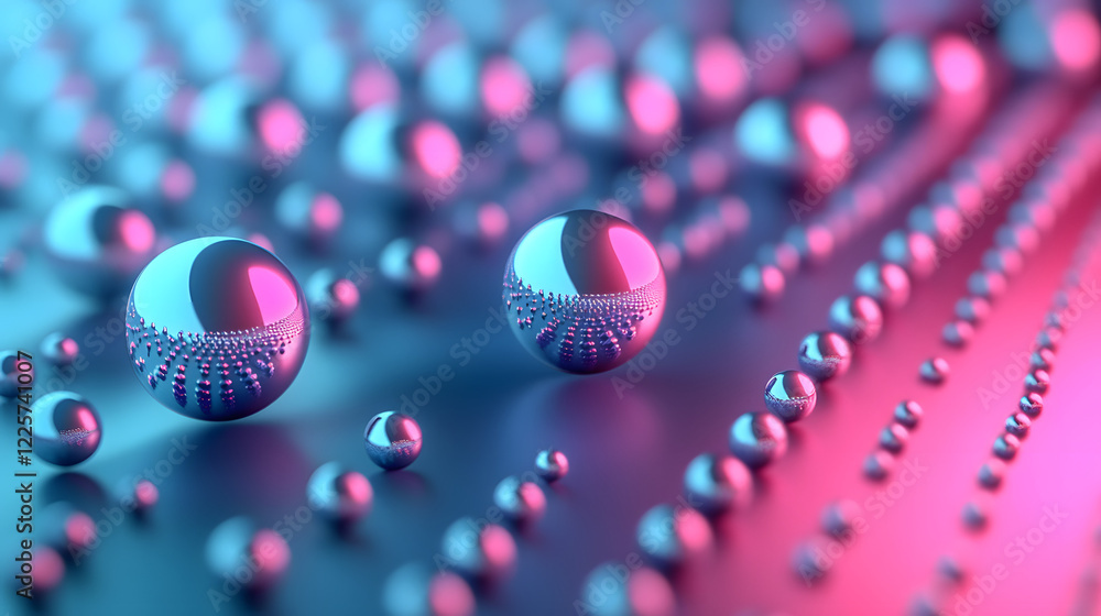 Poster abstract blue and pink three-dimensional background of many spheres separated from each other and re