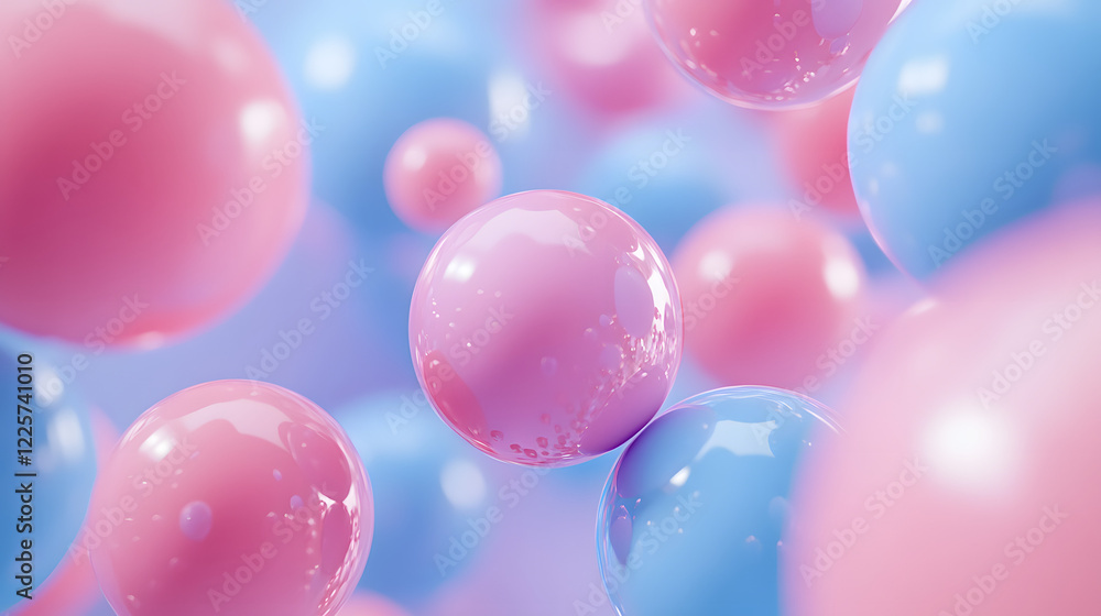 Poster abstract blue and pink three-dimensional background of many spheres separated from each other and re