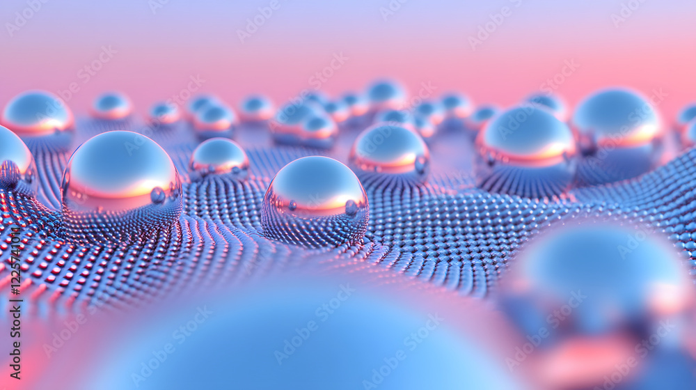 Poster abstract blue and pink three-dimensional background of many spheres separated from each other and re