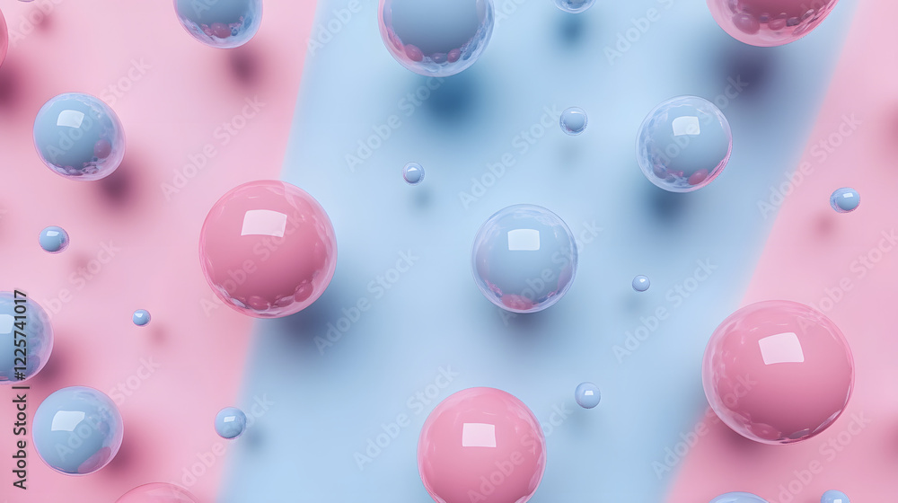 Poster abstract blue and pink three-dimensional background of many spheres separated from each other and re