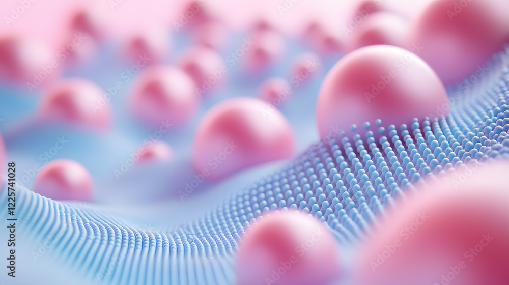 Poster abstract blue and pink three-dimensional background of many spheres separated from each other and re
