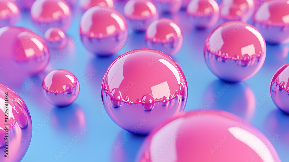 Poster abstract blue and pink three-dimensional background of many spheres separated from each other and re