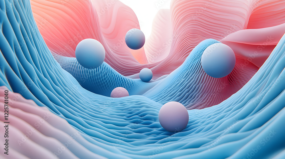 Poster abstract blue and pink three-dimensional background of many spheres separated from each other and re