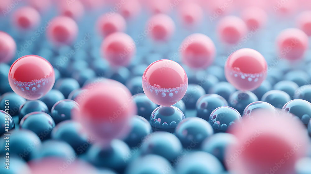 Poster abstract blue and pink three-dimensional background of many spheres separated from each other and re