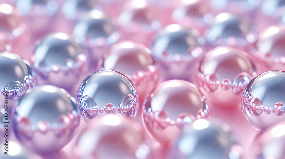 Poster abstract blue and pink three-dimensional background of many spheres separated from each other and re