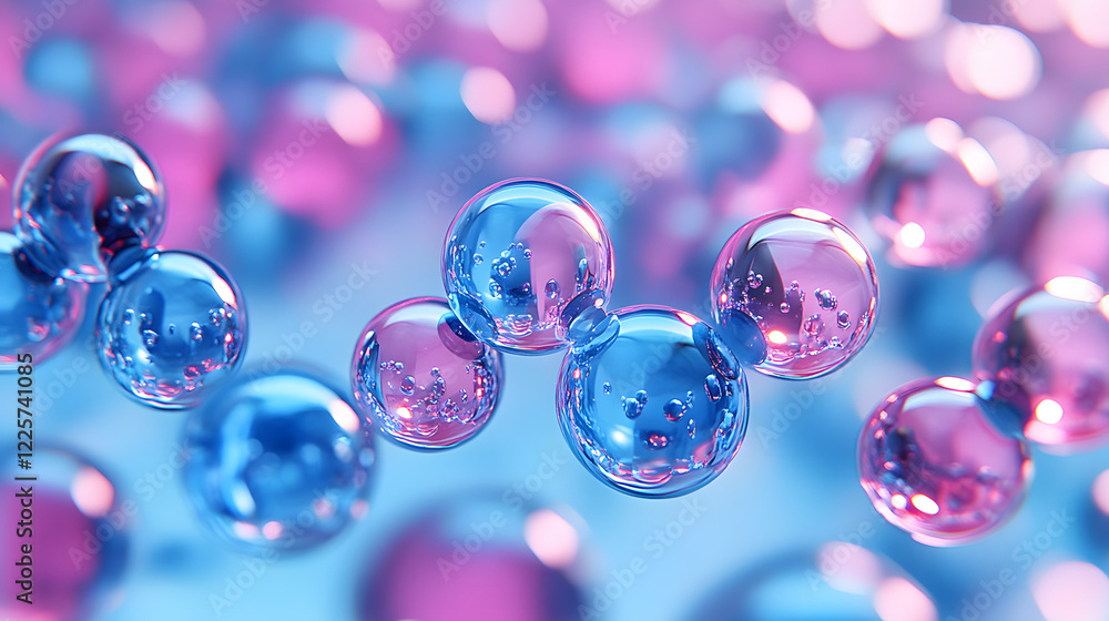 Poster abstract blue and pink three-dimensional background of many spheres separated from each other and re