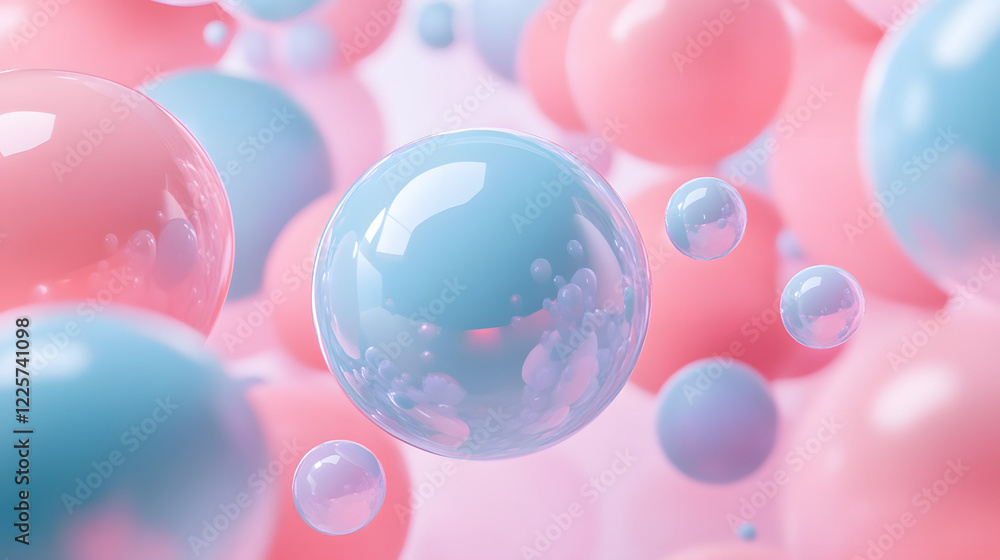 Poster abstract blue and pink three-dimensional background of many spheres separated from each other and re