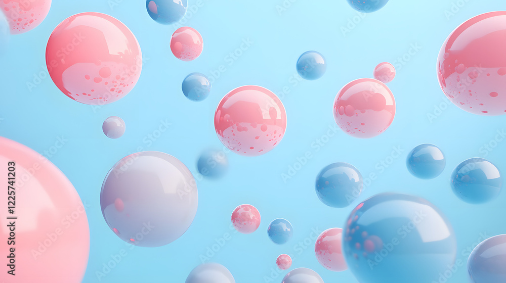 Poster abstract blue and pink three-dimensional background of many spheres separated from each other and re