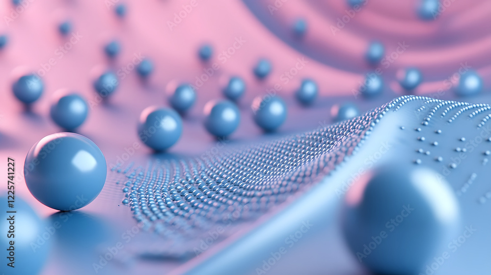 Poster abstract blue and pink three-dimensional background of many spheres separated from each other and re