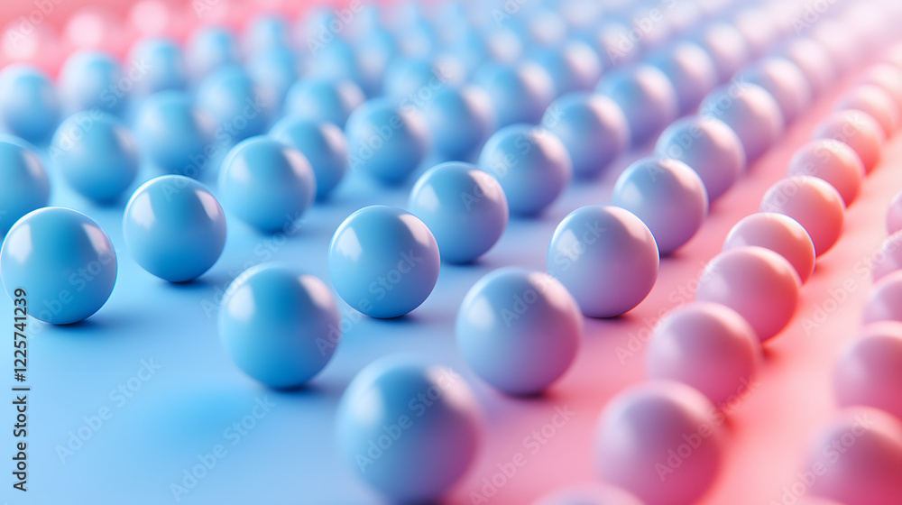 Poster abstract blue and pink three-dimensional background of many spheres separated from each other and re