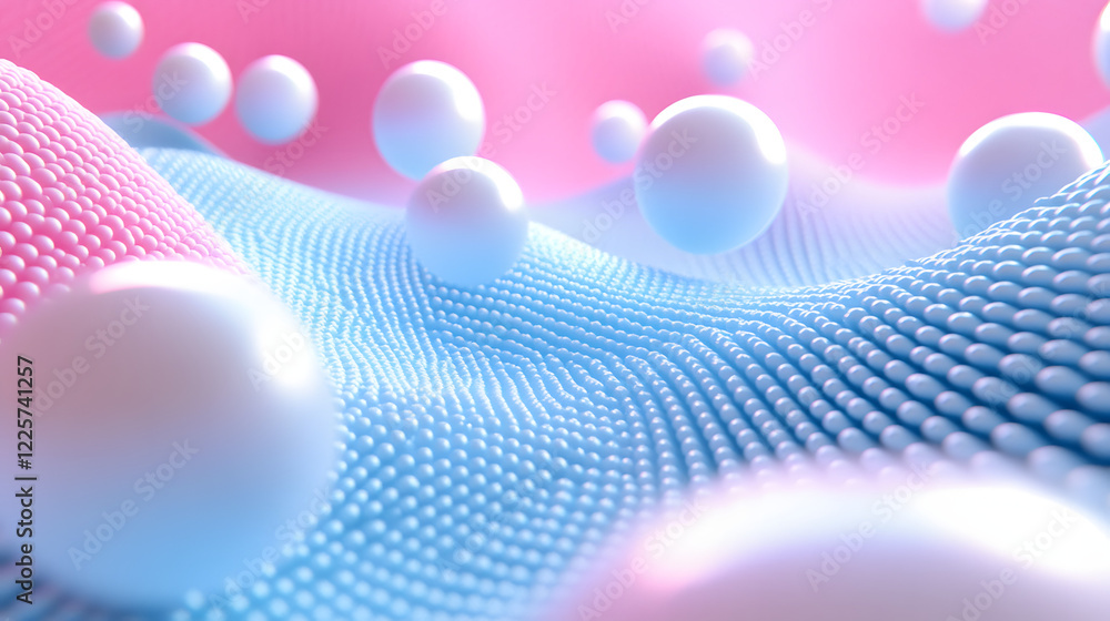 Poster abstract blue and pink three-dimensional background of many spheres separated from each other and re