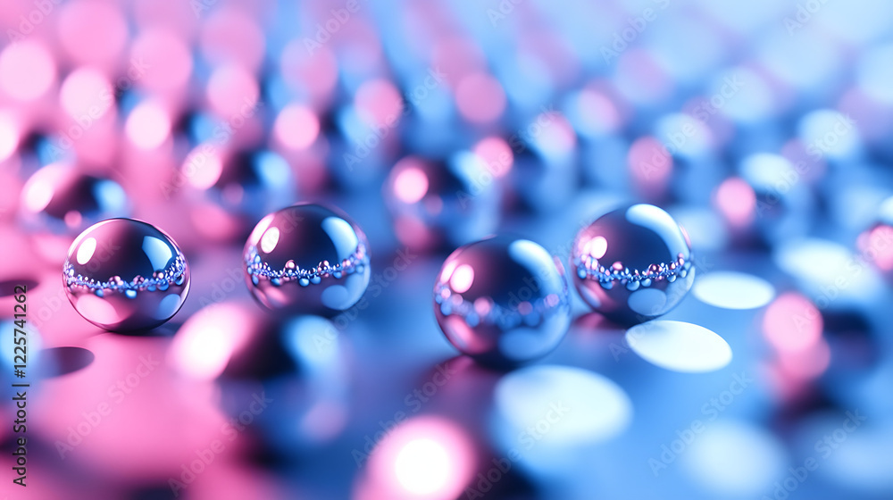 Poster abstract blue and pink three-dimensional background of many spheres separated from each other and re