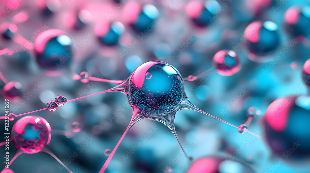 Poster abstract blue and pink three-dimensional background of many spheres separated from each other and re