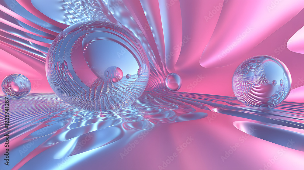 Poster abstract blue and pink three-dimensional background of many spheres separated from each other and re