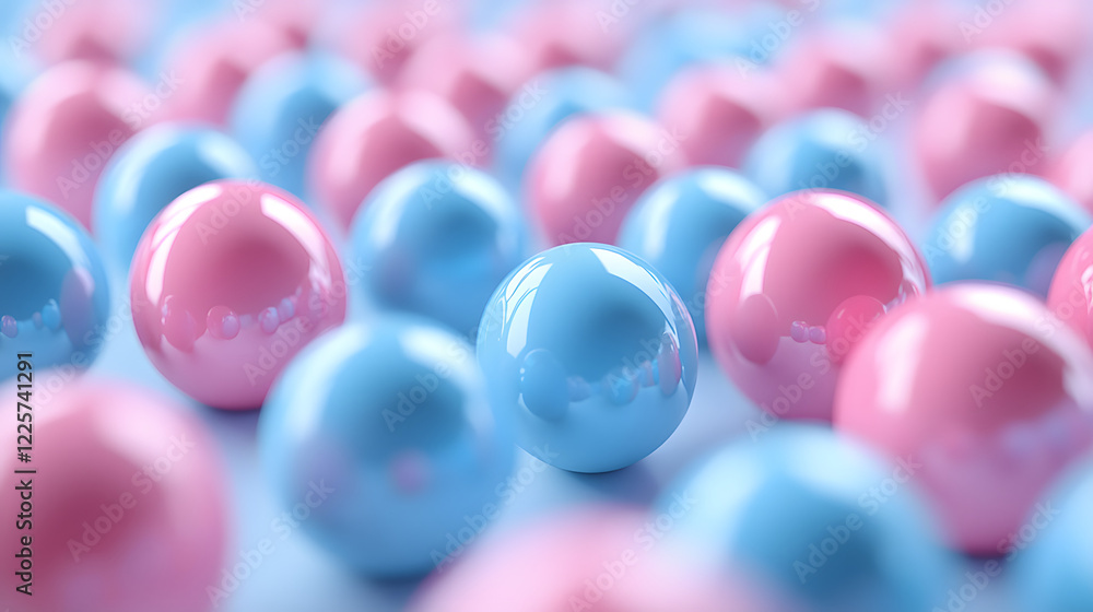 Poster abstract blue and pink three-dimensional background of many spheres separated from each other and re