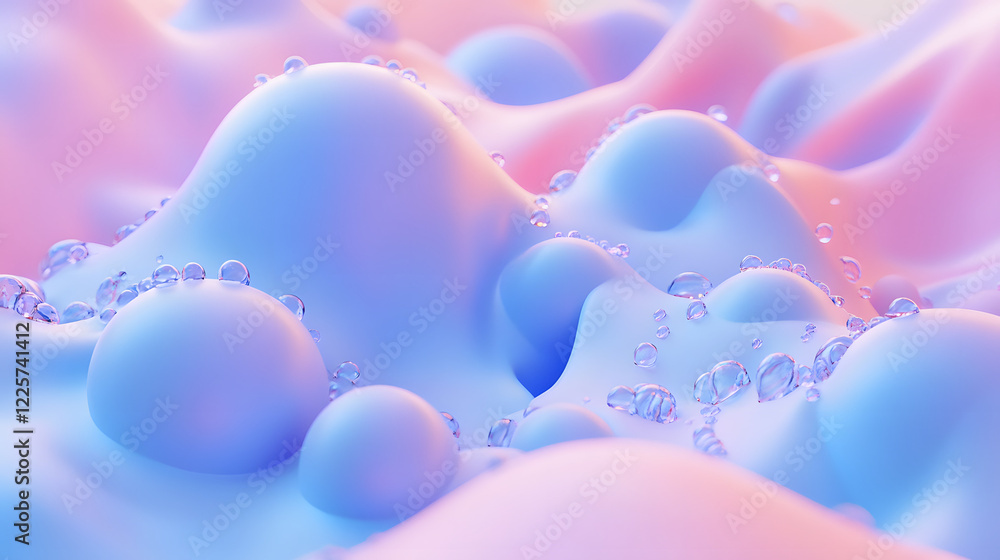 Poster abstract blue and pink three-dimensional background of many spheres separated from each other and re