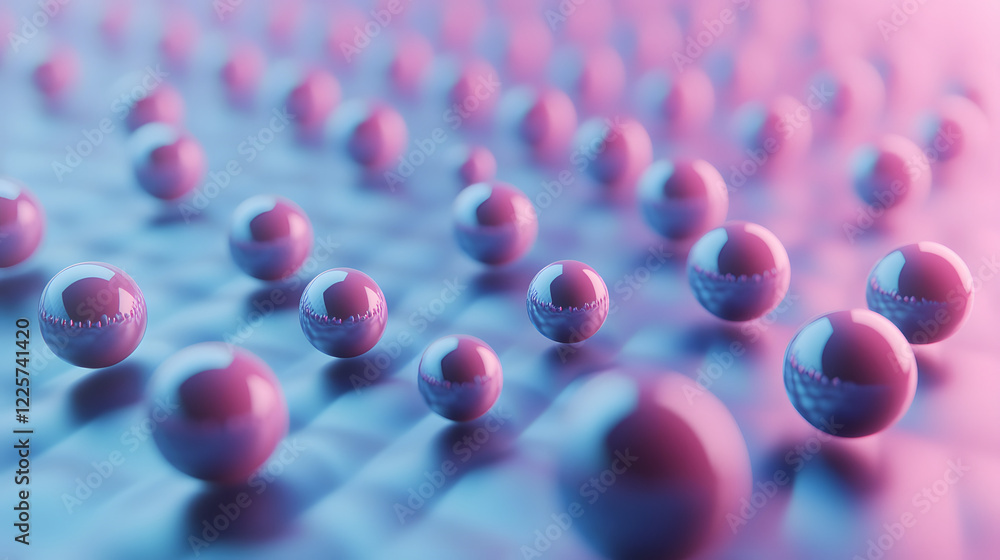 Poster abstract blue and pink three-dimensional background of many spheres separated from each other and re