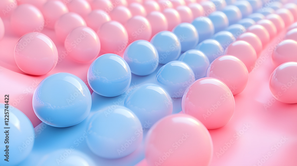 Poster abstract blue and pink three-dimensional background of many spheres separated from each other and re