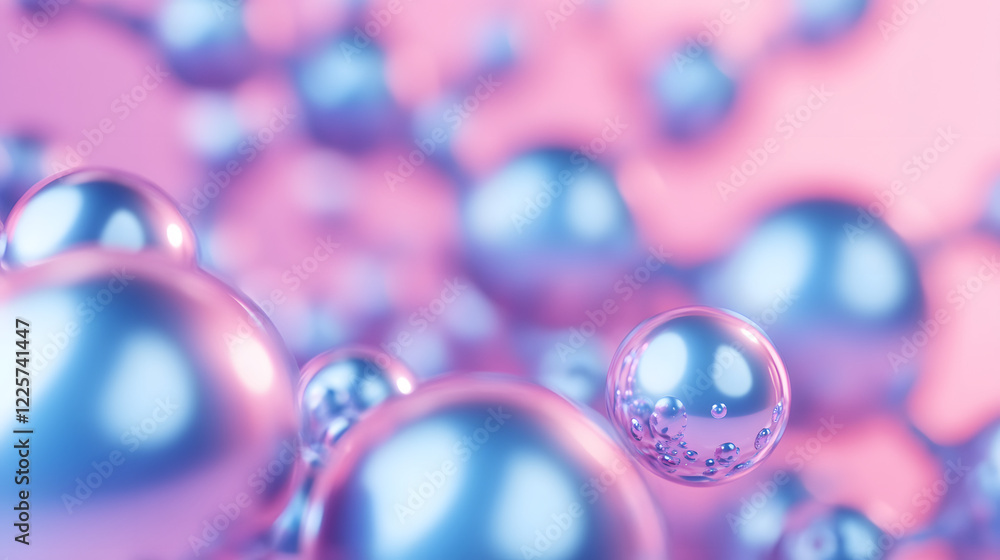 Poster abstract blue and pink three-dimensional background of many spheres separated from each other and re