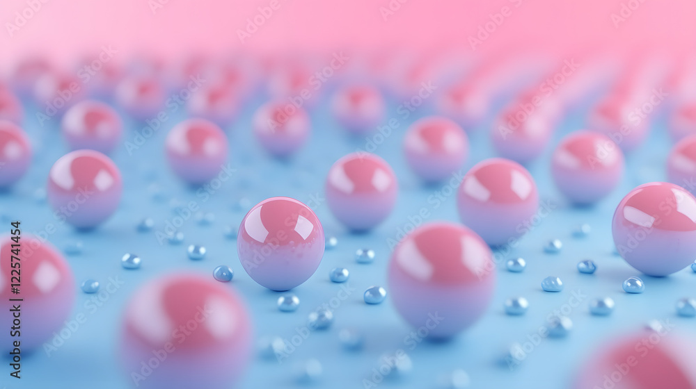 Poster abstract blue and pink three-dimensional background of many spheres separated from each other and re