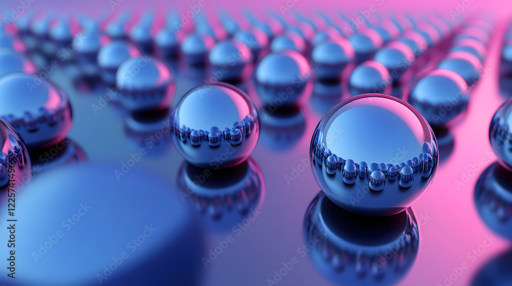 Poster abstract blue and pink three-dimensional background of many spheres separated from each other and re