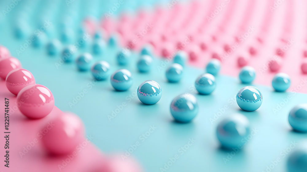 Poster abstract blue and pink three-dimensional background of many spheres separated from each other and re