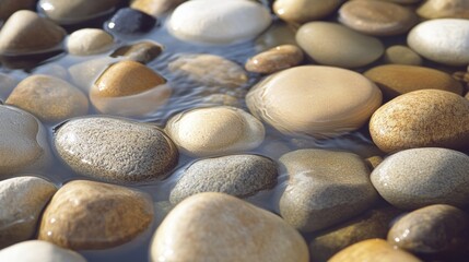 The gentle current of a pristine stream glistens as it meanders through a bed of smooth rounded stones