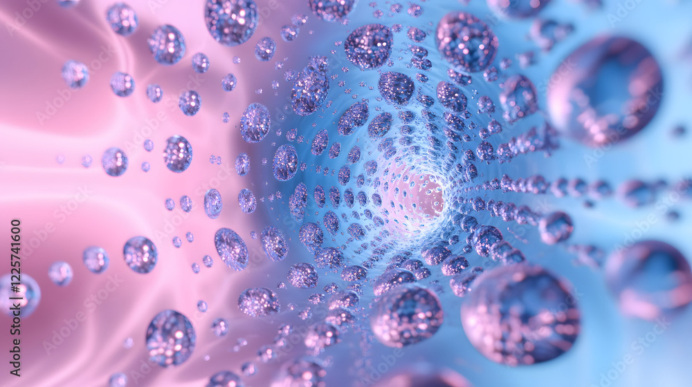 Poster abstract blue and pink three-dimensional background of many spheres separated from each other and re