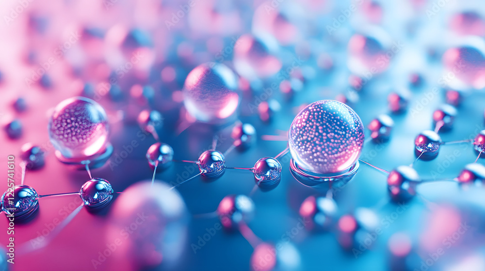 Poster abstract blue and pink three-dimensional background of many spheres separated from each other and re