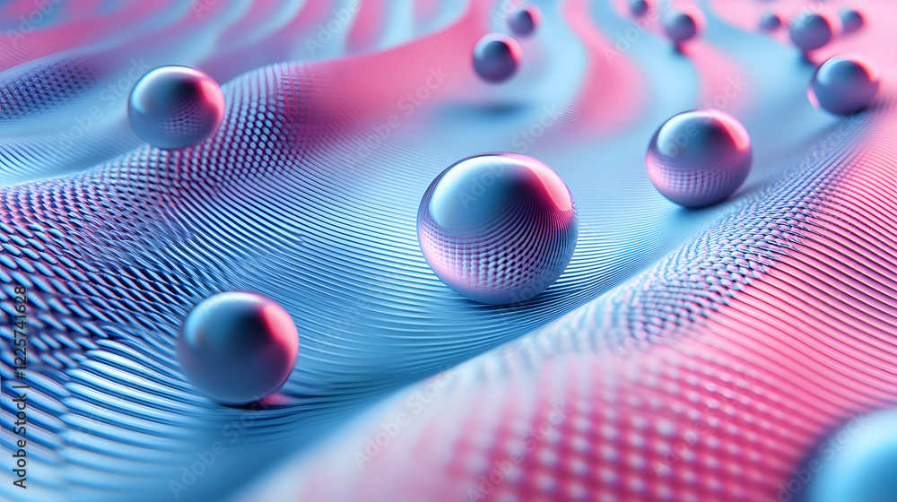 Poster abstract blue and pink three-dimensional background of many spheres separated from each other and re