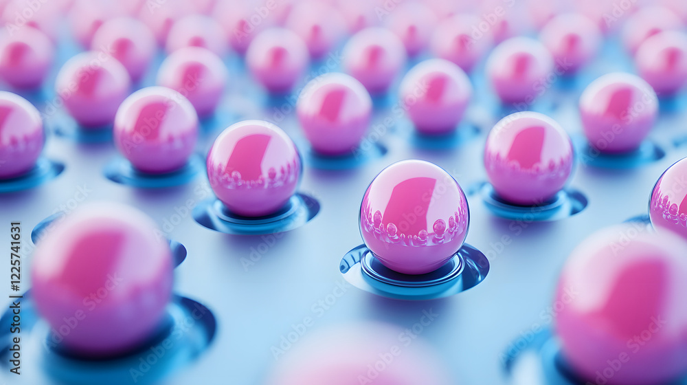 Poster abstract blue and pink three-dimensional background of many spheres separated from each other and re